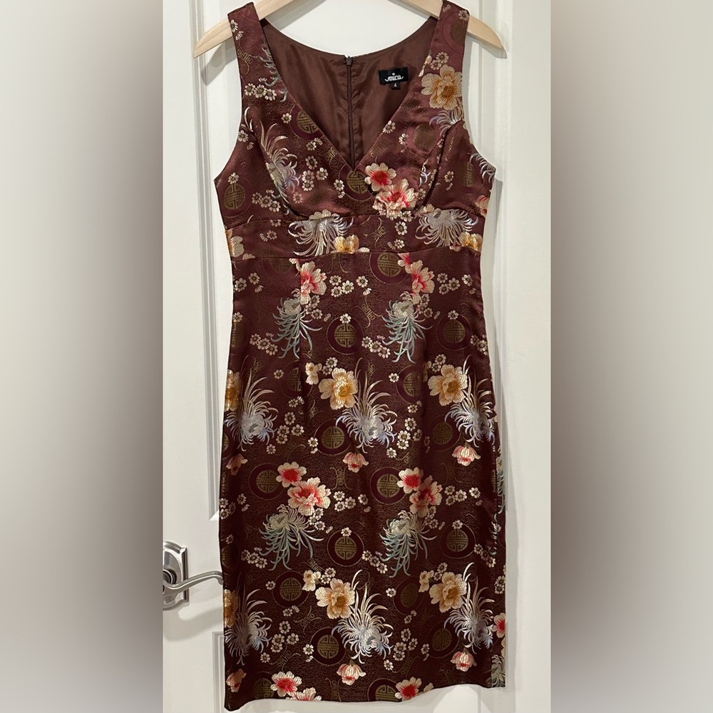 ✨VTG✨EUC✨ Mica Brown Floral Midi Dress Oriental Style Women Size 4